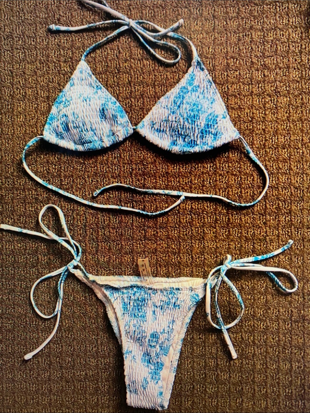 Blue Floral Smocked Triangle Tie Bikini